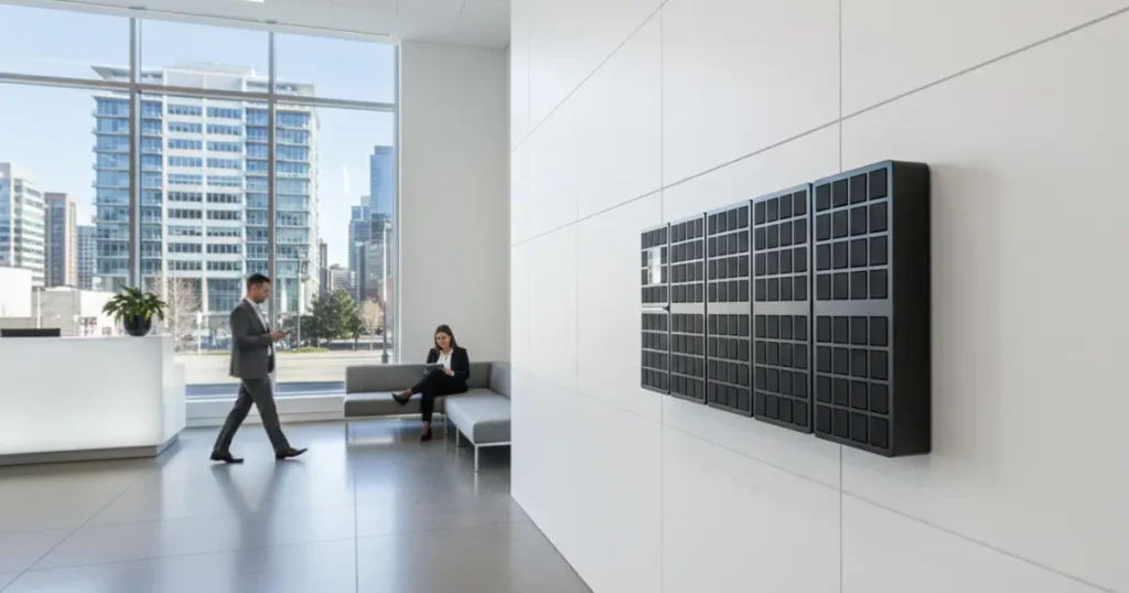 Noki Key Management System cabinet mounted on a white wall in a modern commercial office building lobby.