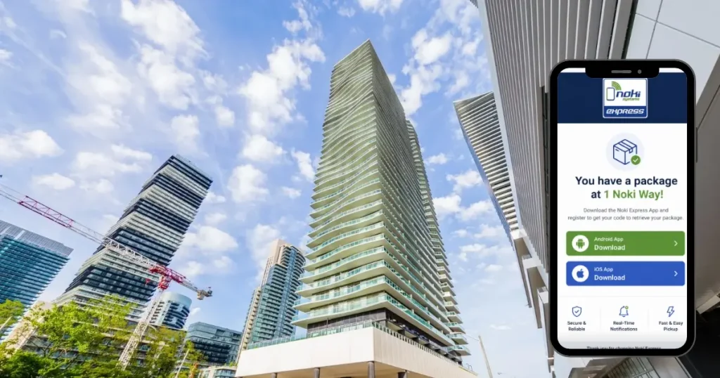 Smartphone displaying Noki Express package delivery alert app screen next to condominium towers.