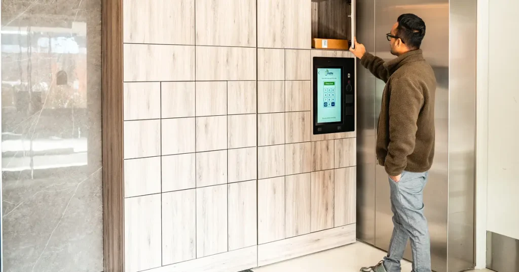 User interacting with a Noki Express smart locker touchscreen and retrieving package.