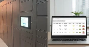 Noki Express parcel locker software retrofitted on a Snaile locker touchscreen, and laptop displaying Noki Express management dashboard.
