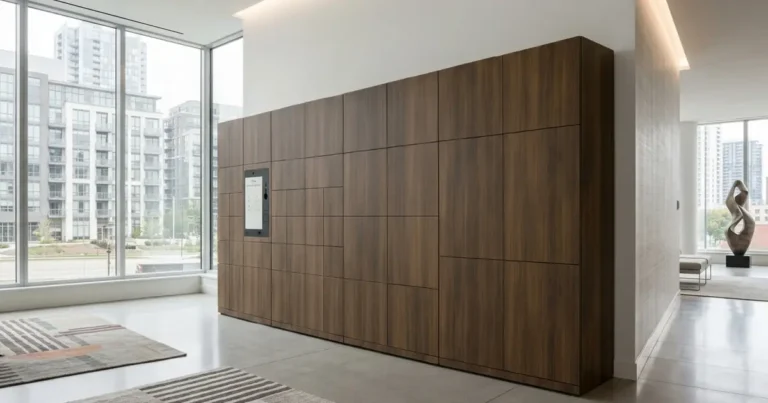 Noki smart locker system in hazelnut finish, integrated into a corporate office interior.