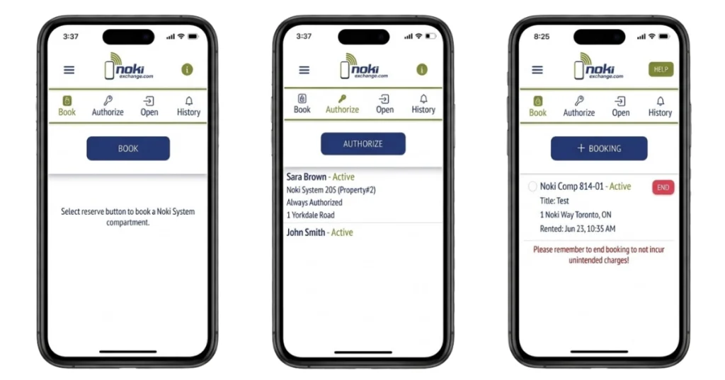 Noki Exchange app screens showing booking, authorizing and end booking tab.