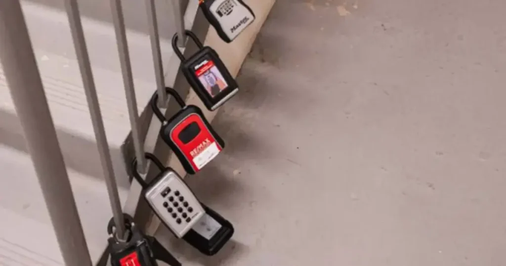 Real estate lockboxes clipped to a railing inside a condo building stairwell.